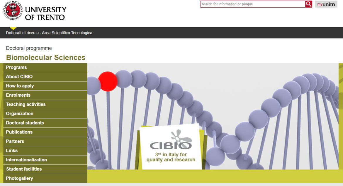 Bando di selezione per il programma di dottorato in Biomolecular Sciences del Dipartimento CIBIO, Università di Trento