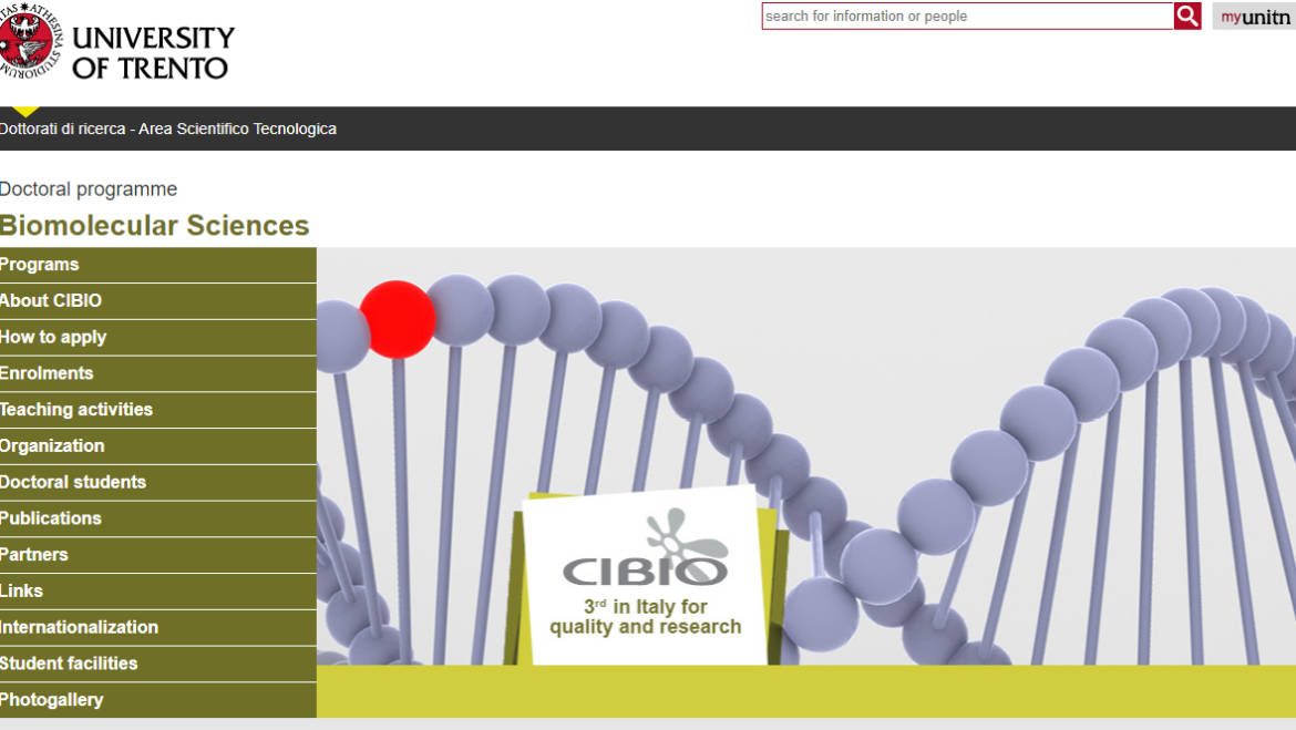 Bando di selezione per il programma di dottorato in Biomolecular Sciences del Dipartimento CIBIO, Università di Trento